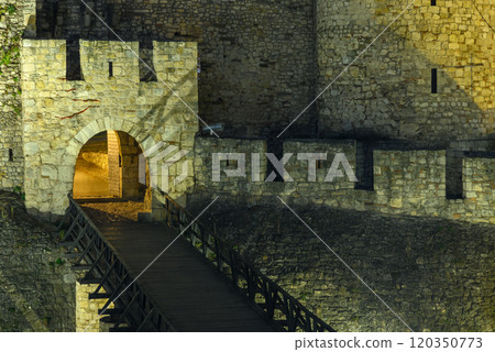 Remains of Historic Belgrade Fortress fortifications in Kalemegdan park at night in Belgrade, Serbia 120350773