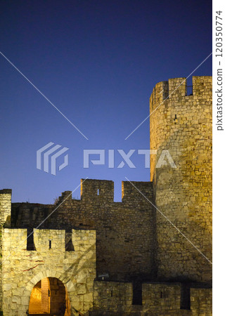 Remains of Historic Belgrade Fortress fortifications in Kalemegdan park at night in Belgrade, Serbia 120350774