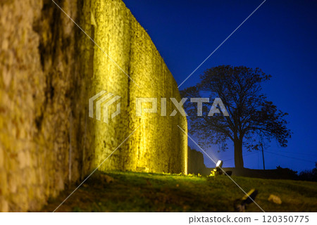 Remains of Historic Belgrade Fortress fortifications in Kalemegdan park at night in Belgrade, Serbia 120350775