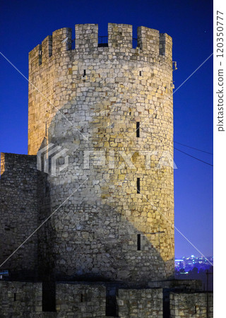 Remains of Historic Belgrade Fortress fortifications in Kalemegdan park at night in Belgrade, Serbia 120350777