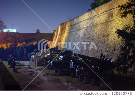Remains of Historic Belgrade Fortress fortifications in Kalemegdan park at night in Belgrade, Serbia 120350778