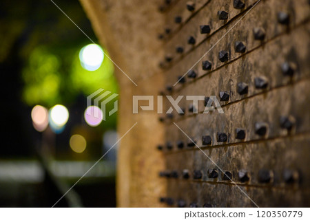 Metal door at gate in Belgrade Fortress fortifications in Kalemegdan park at night in Belgrade, Serbia Metal door at gate in Belgrade Fortress fortifications in Kalemegdan park at night in Belgrade, Serbia 120350779