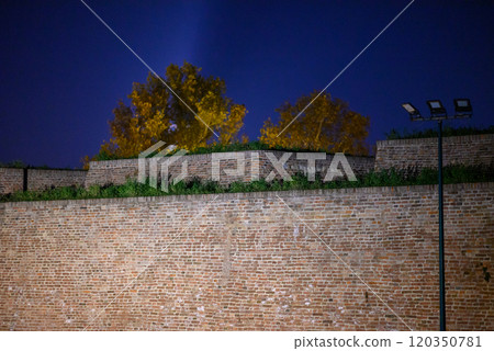 Remains of Historic Belgrade Fortress fortifications in Kalemegdan park at night in Belgrade, Serbia 120350781