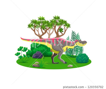Cartoon dinosaur or prehistoric lizard Tarbosaurus in jungle forest, vector dino character. Prehistoric dinosaur lizard, Tarbosaurus of Jurassic or Cretaceous era for kids paleontology encyclopedia 120350782