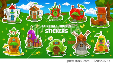 Cartoon fairytale gnome house buildings stickers of dwarf homes, vector icons. Kids cartoon stickers of dwarf houses, huts and shelters in apple or old boot, teapot and strawberry or mill and cabbage Cartoon fairytale gnome house buildings stickers of dwarf homes, vector icons. Kids cartoon stickers of dwarf houses, huts and shelters in apple or old boot, teapot and strawberry or mill and cabbage 120350783