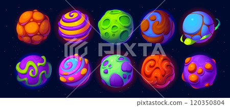 Cartoon fantasy alien space planets, galaxy game asset. Vector set of fantastic, sci fi gui objects. Cosmic world spheres, celestial bodies with rings, craters and bright terrain surface 120350804