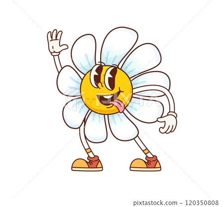 Groovy daisy chamomile flower character with sticking tongue and laid-back summer vibe. Isolated cartoon vector camomile blossom personage with white petals, vintage sneakers, big eyes and wide smile Groovy daisy chamomile flower character with sticking tongue and laid-back summer vibe. Isolated cartoon vector camomile blossom personage with white petals, vintage sneakers, big eyes and wide smile 120350808