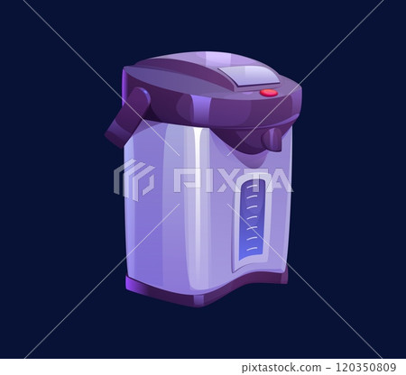 Cartoon electronic tea kettle. Isolated vector modern electric water boiler featuring a spout, handle and water level indicator. Household appliance or device emphasizing functionality for kitchen use 120350809