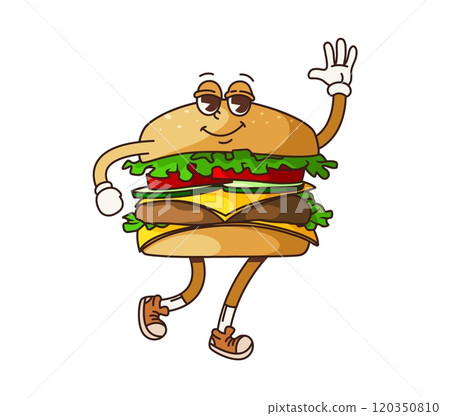 Groovy fast food cheeseburger character. Isolated cartoon vector retro tasty burger fastfood personage with cheese, beef and lettuce, waving hand with a wide smile,exudes cool funky 60s or 70s vibe 120350810