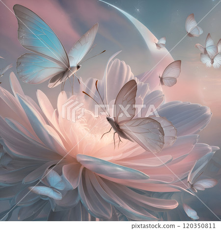 amazing mystery art with flowers and butterflies in soft pink-lilac colors. Digital artwork. close up. Ai generated 120350811