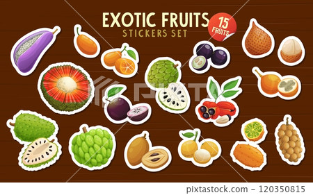 Exotic fruits stickers pack vector tropical berry food. Fresh cherimoya, kumquat, star apple and kiwano, granadilla and soursop fruits on wood boards background. Cartoon exotic berries stickers pack 120350815