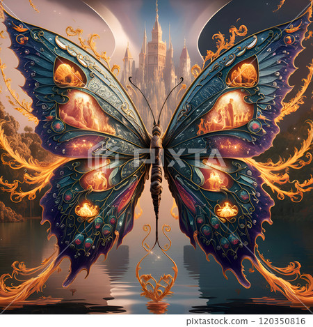 beautiful fantasy art with miracle butterfly against naturral landscape with castle. Digital artwork. close up. Ai genarated beautiful fantasy art with miracle butterfly against naturral landscape with castle. Digital artwork. close up. Ai genarated 120350816
