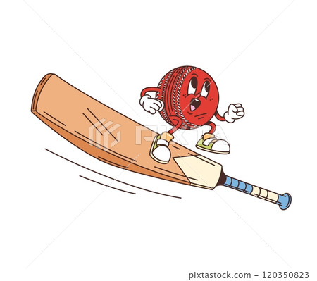 Cartoon retro groovy cricket ball character and bat, vector sport comic emoji. Groovy funny cricket ball with happy face riding a bat for goal, sport game and club funky character in retro cartoon 120350823