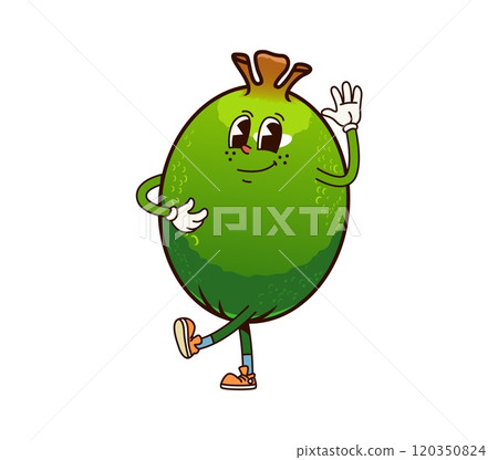 Groovy feijoa fruit, retro cartoon funny character with Hi Hello gesture, vector funky comic. Groovy retro cartoon tropical fruit feijoa with shy or silly face and happy smile walking in hipster shoes Groovy feijoa fruit, retro cartoon funny character with Hi Hello gesture, vector funky comic. Groovy retro cartoon tropical fruit feijoa with shy or silly face and happy smile walking in hipster shoes 120350824