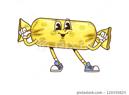 Retro groovy candy character. Cartoon vector sweet sugar food. Cheerful hippie bon-bon personage with a vibrant, yellow wrapper, playful expression and whimsical pose, exuding a fun and nostalgic vibe Retro groovy candy character. Cartoon vector sweet sugar food. Cheerful hippie bon-bon personage with a vibrant, yellow wrapper, playful expression and whimsical pose, exuding a fun and nostalgic vibe 120350825