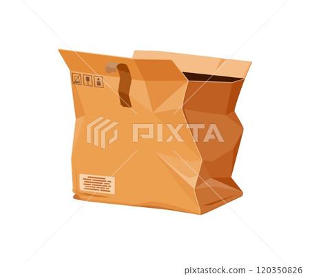 Damaged crumpled box or crushed ripped cargo parcel of broken delivery cardboard package, vector icon. Open carton box with crumpled and ripped sides for delivery or transportation and storage damage 120350826