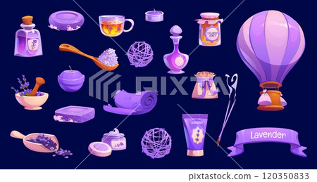 Lavender cosmetics, perfume and oil with cartoon purple flowers. Vector lavender cream, soap and herbal tea, provence essential oil, cosmetic bath salt, hot air balloon, aroma sachet and candles 120350833