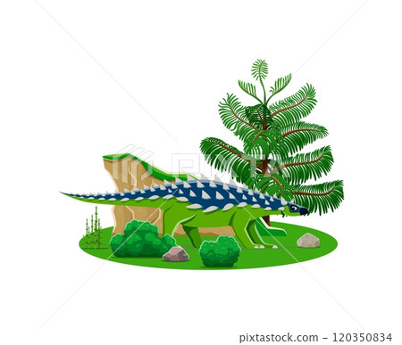 Saichania prehistoric dinosaur character. Isolated cartoon vector ancient herbivore reptile animal with spiked back in natural landscape with rock, tree and green plants. Late cretaceous era lizard 120350834