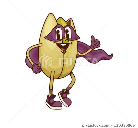 Groovy superhero pistachio nut happy character. defender organic food comical retro comic vector mascot, cheerful hero pistachio nut snack groovy character or funny personage wearing mask and cape Groovy superhero pistachio nut happy character. defender organic food comical retro comic vector mascot, cheerful hero pistachio nut snack groovy character or funny personage wearing mask and cape 120350869