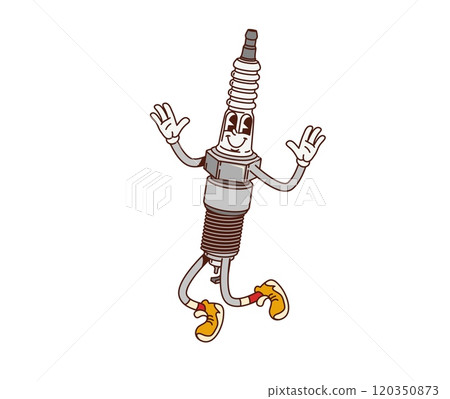 Cartoon retro groovy car spark plug character. Automobile ignition system element happy groovy mascot or vehicle spark plug funny isolated vector personage. Car spare part comical cartoon character Cartoon retro groovy car spark plug character. Automobile ignition system element happy groovy mascot or vehicle spark plug funny isolated vector personage. Car spare part comical cartoon character 120350873