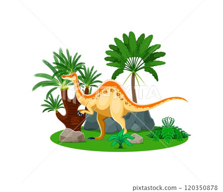 Deinocheirus prehistoric dinosaur character. Isolated cartoon vector omnivore animal stands near the large rock surrounded by palm trees. Genus of large theropod dino from the late cretaceous period Deinocheirus prehistoric dinosaur character. Isolated cartoon vector omnivore animal stands near the large rock surrounded by palm trees. Genus of large theropod dino from the late cretaceous period 120350878