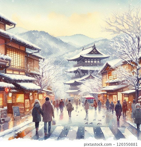 描繪京都街景的水彩畫。 描繪京都街景的水彩畫。 120350881