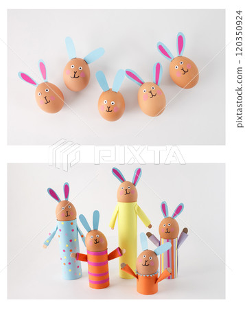step by step tutorial how make Easter egg holder bunny, The bunnies are arranged in a group, standing on a white surface against a plain background. decorations or children art projects activities , 120350924