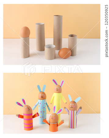 Five handmade bunny crafts made from cardboard tubes with colorful paper decorations. Egg-shaped heads, paper ears, and patterned bodies. Fun Easter decoration or children art project idea 120350925