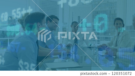 Image of financial data processing over diverse business people in office Image of financial data processing over diverse business people in office 120351072