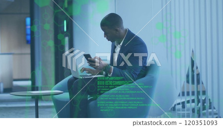 Image of financial data processing over african american businessman in office 120351093