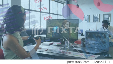 Image of financial data processing over diverse business people in office 120351107