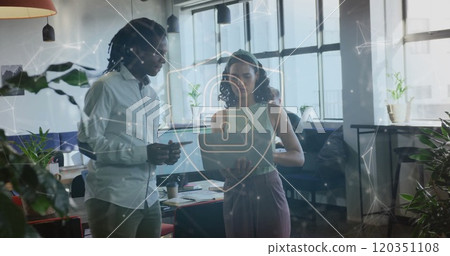 Image of shapes and padlock over diverse business people discussing work 120351108