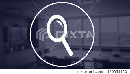 Image of magnifying glass icon and financial data processing over office Image of magnifying glass icon and financial data processing over office 120351150