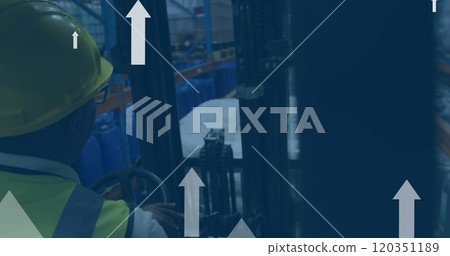 Image of digital data processing over biracial man working in warehouse Image of digital data processing over biracial man working in warehouse 120351189