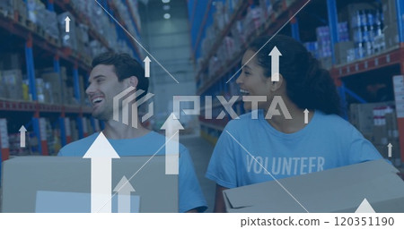 Image of digital data processing over diverse volunteers working in warehouse 120351190