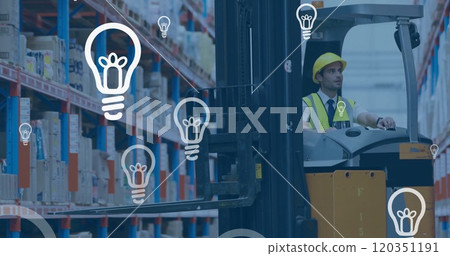 Image of digital data processing over biracial man working in warehouse 120351191