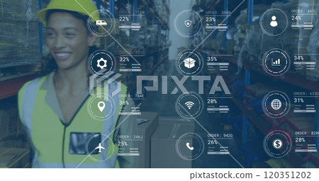 Image of digital data processing over biracial man working in warehouse 120351202