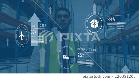 Image of digital data processing over biracial man working in warehouse Image of digital data processing over biracial man working in warehouse 120351203