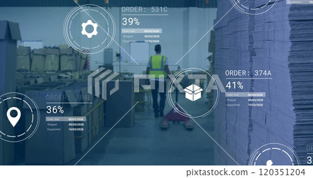 Image of digital data processing over biracial man working in warehouse 120351204