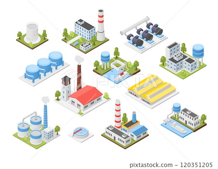 Isometric industrial buildings. Factory, plants building with pipes and ladders. Various tanks chimneys warehouse. Flawless industry vector elements Isometric industrial buildings. Factory, plants building with pipes and ladders. Various tanks chimneys warehouse. Flawless industry vector elements 120351205