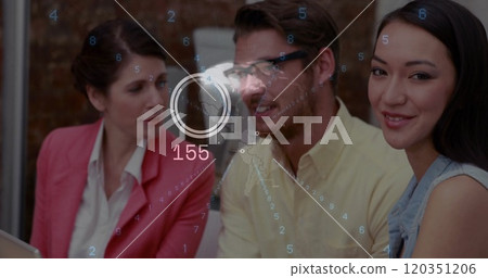 Image of network of connections and data processing over diverse business people in office Image of network of connections and data processing over diverse business people in office 120351206