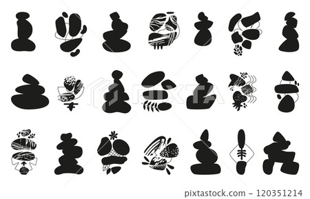 Zen stones silhouettes. Abstract balanced pyramids, decorative hand drawn botanical elements. Harmony, relax, recreation elements, neoteric vector set Zen stones silhouettes. Abstract balanced pyramids, decorative hand drawn botanical elements. Harmony, relax, recreation elements, neoteric vector set 120351214