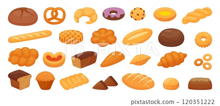 Cartoon pastry and bread. Isolated french baguette, croissant, buns rolls, cookies and pie. Breads from rye or wheat flour. Bakery neoteric vector products 120351222