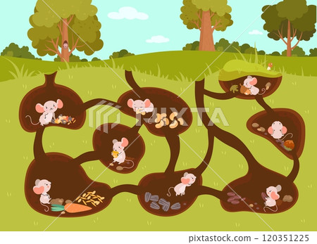Cartoon mice underground. Little mouse with seeds nuts in holes with passages. Forest wild animals ready for winter in soil tonnels, nowaday vector scene Cartoon mice underground. Little mouse with seeds nuts in holes with passages. Forest wild animals ready for winter in soil tonnels, nowaday vector scene 120351225