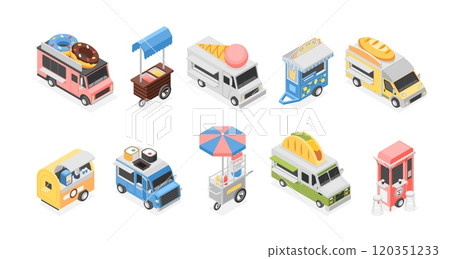 Isometric food truck and stall. Trucks counters and fast food seller points. Seasonal fairs and markets elements, street burger coffee flawless vector elements 120351233