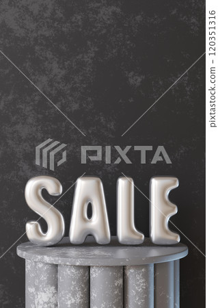 SALE written in bold silver 3D letters with reflective metallic finish, placed on textured gray pedestal against dark, rustic background. Marketing campaigns, promotions, and e-commerce. Copy space. SALE written in bold silver 3D letters with reflective metallic finish, placed on textured gray pedestal against dark, rustic background. Marketing campaigns, promotions, and e-commerce. Copy space. 120351316
