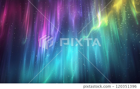 A mesmerizing display of the Northern Lights reflecting on a serene lake with a forest silhouette. Generate AI 120351396