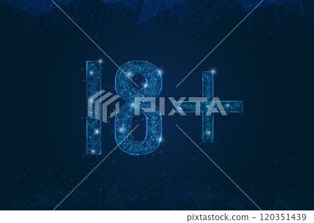 Abstract isolated blue image of 18 plus only censored. Polygonal low poly wireframe illustration looks like stars in the black night sky in space or flying glass shards. Abstract isolated blue image of 18 plus only censored. Polygonal low poly wireframe illustration looks like stars in the black night sky in space or flying glass shards. 120351439