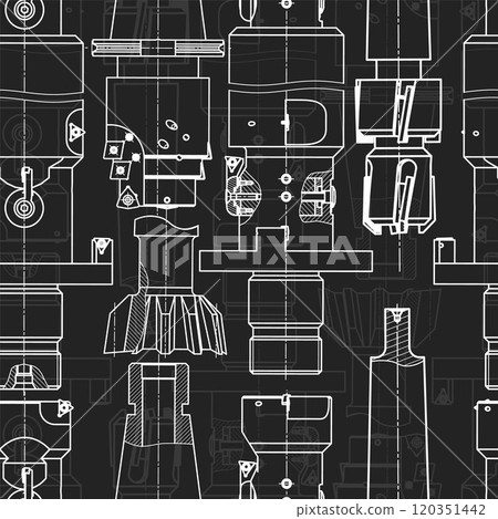 Mechanical engineering drawings on black background. Tap tools, borer. Technical Design. Cover. Blueprint. Seamless pattern. Vector illustration. 120351442