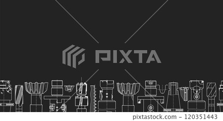 Mechanical engineering drawings on black background. Tap tools, borer. Technical Design. Cover. Blueprint. Seamless pattern. Vector illustration. Mechanical engineering drawings on black background. Tap tools, borer. Technical Design. Cover. Blueprint. Seamless pattern. Vector illustration. 120351443